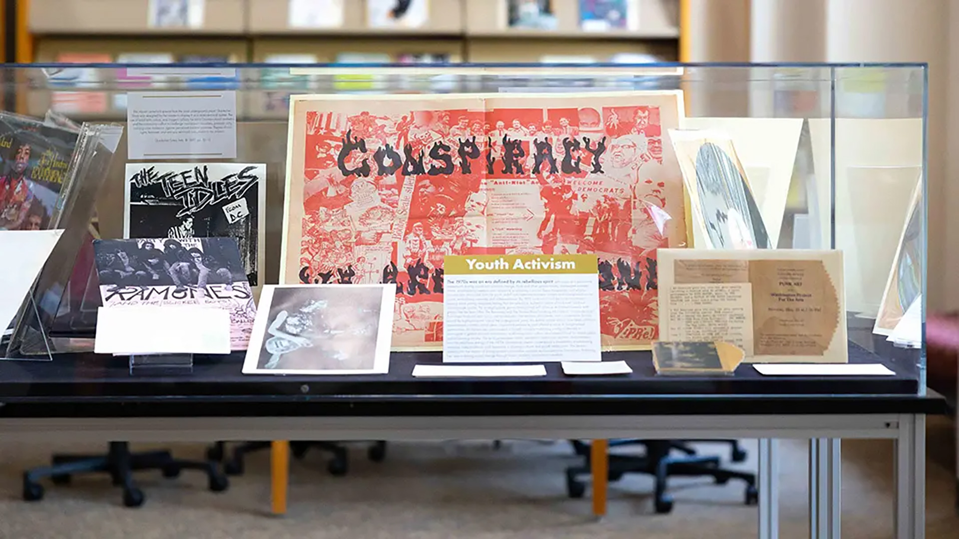 In “Voices of the Counterculture,” a new exhibit in the Michelle Smith Performing Arts Library, undergraduate students in the First Year Innovation and Research Experience program chose items from University Archives that reflected the social and cultural themes of music from the 1970s. (Left: a spread from the Washington, D.C.-based alternative newspaper Quicksilver Times).