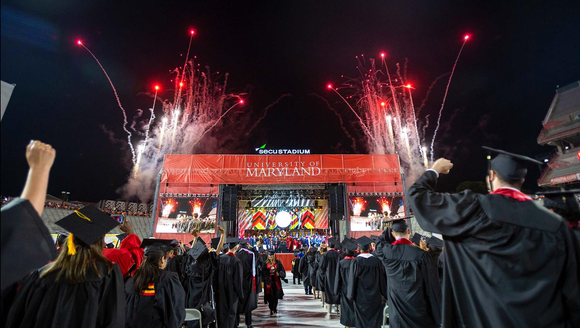 Fireworks and graduation caps flew over SECU Stadium last night as the Maryland community celebrated 15,000 graduates from the classes of Summer 2022, Winter 2022 and Spring 2023 at the Spring 2023 Commencement. Photo by John T. Consoli.