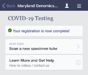Screenshot from the Maryland Genomics app with a message that registration is complete 
