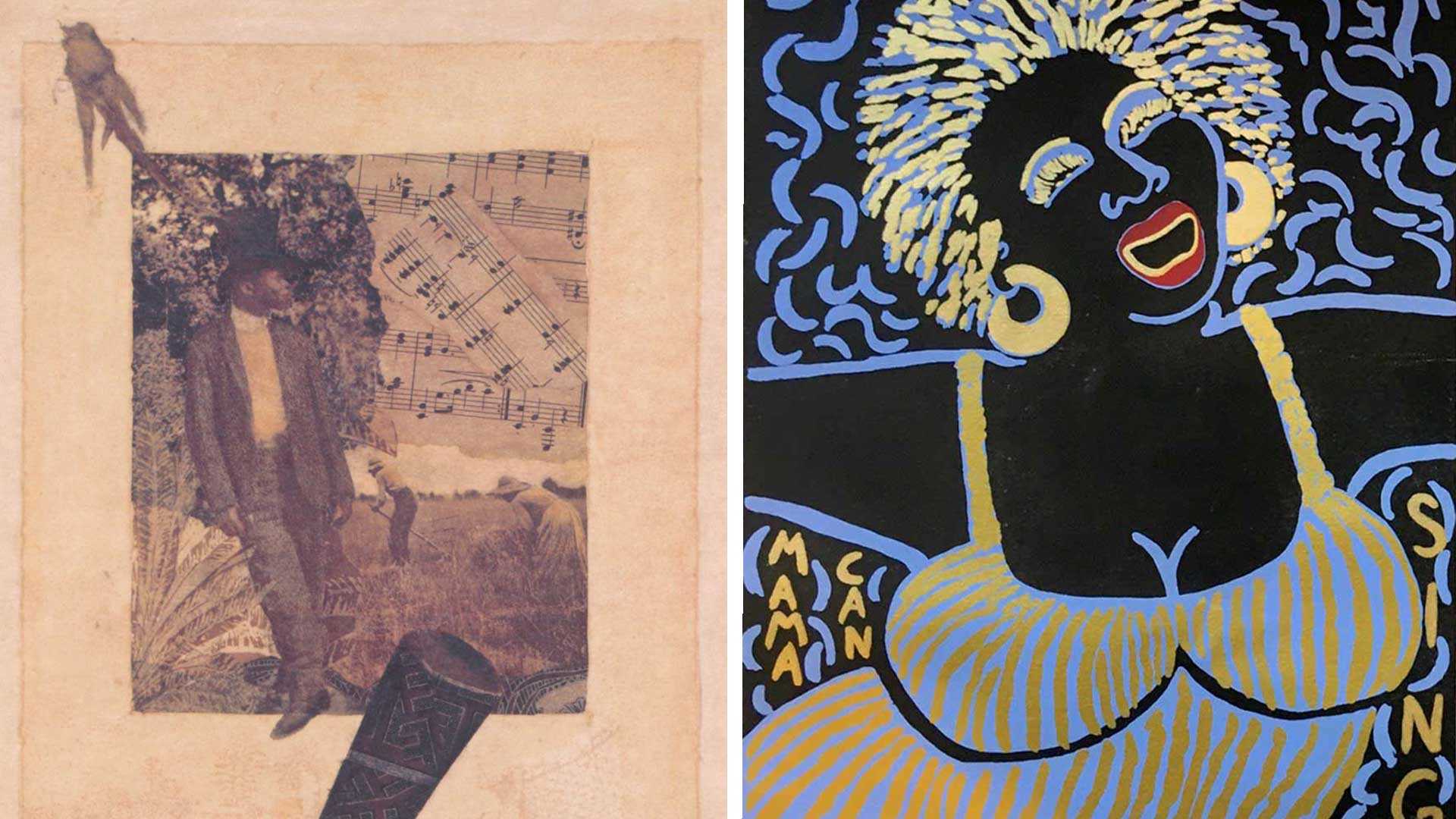  “High John De Conquer,” a 2000 serigraph by Betye Saar (left), and “Mama Can Sing,” a 2004 serigraph by Faith Ringgold (right), are part of “Meeting on the Matrix,” a new exhibit at the David C. Driskell Center that brings together these two artists for the first time, juxtaposing their different ways of approaching the Black experience in America.