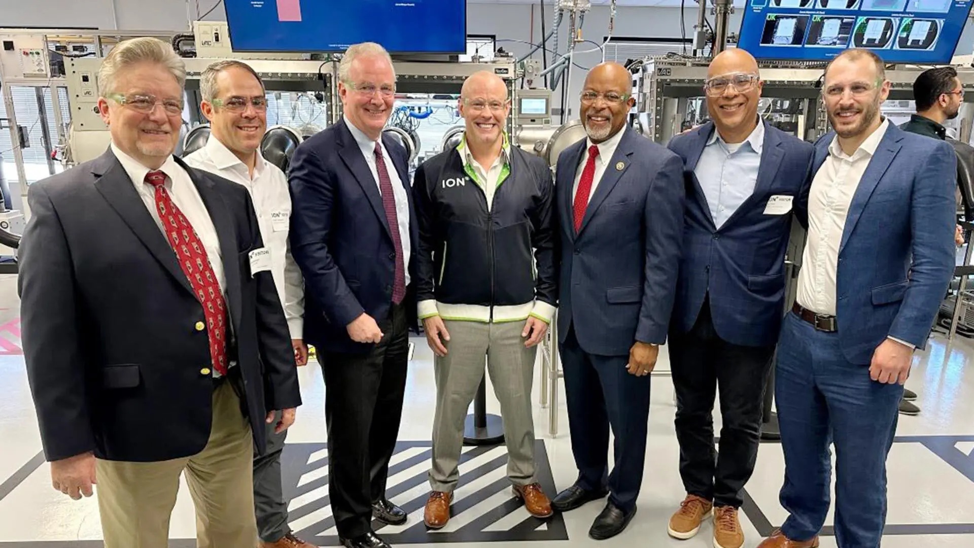 From left: Ion Storage Systems founder and Executive Chair Eric Wachsman, Todd Crescenzo of Clear Creek Investments, U.S. Sen. Chris Van Hollen, Ion Storage Systems CEO Ricky Hanna, U.S. Rep. Glenn Ivey, Mark Fields of Alsop Louie, Ion Storage Systems founder and Chief Technology Officer Greg Hitz