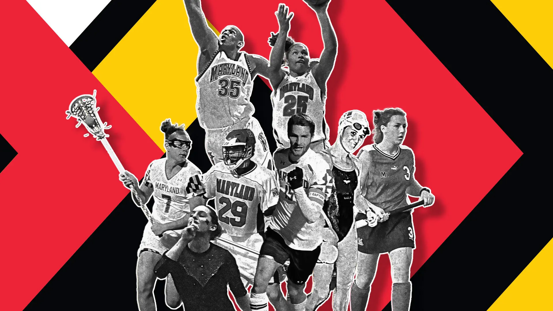 Clockwise from top left, Lonny Baxter ’02, Alyssa Thomas ’14, Autumn Welsh Kelly ’02, Patty Corson Robbins ’87, Patrick Mullins ’13, Lee Zink ’04, Jill Fisher-Galli ’01 and Katie Schwarzmann ’13 will be inducted into the University of Maryland Athletics Hall of Fame on Friday.