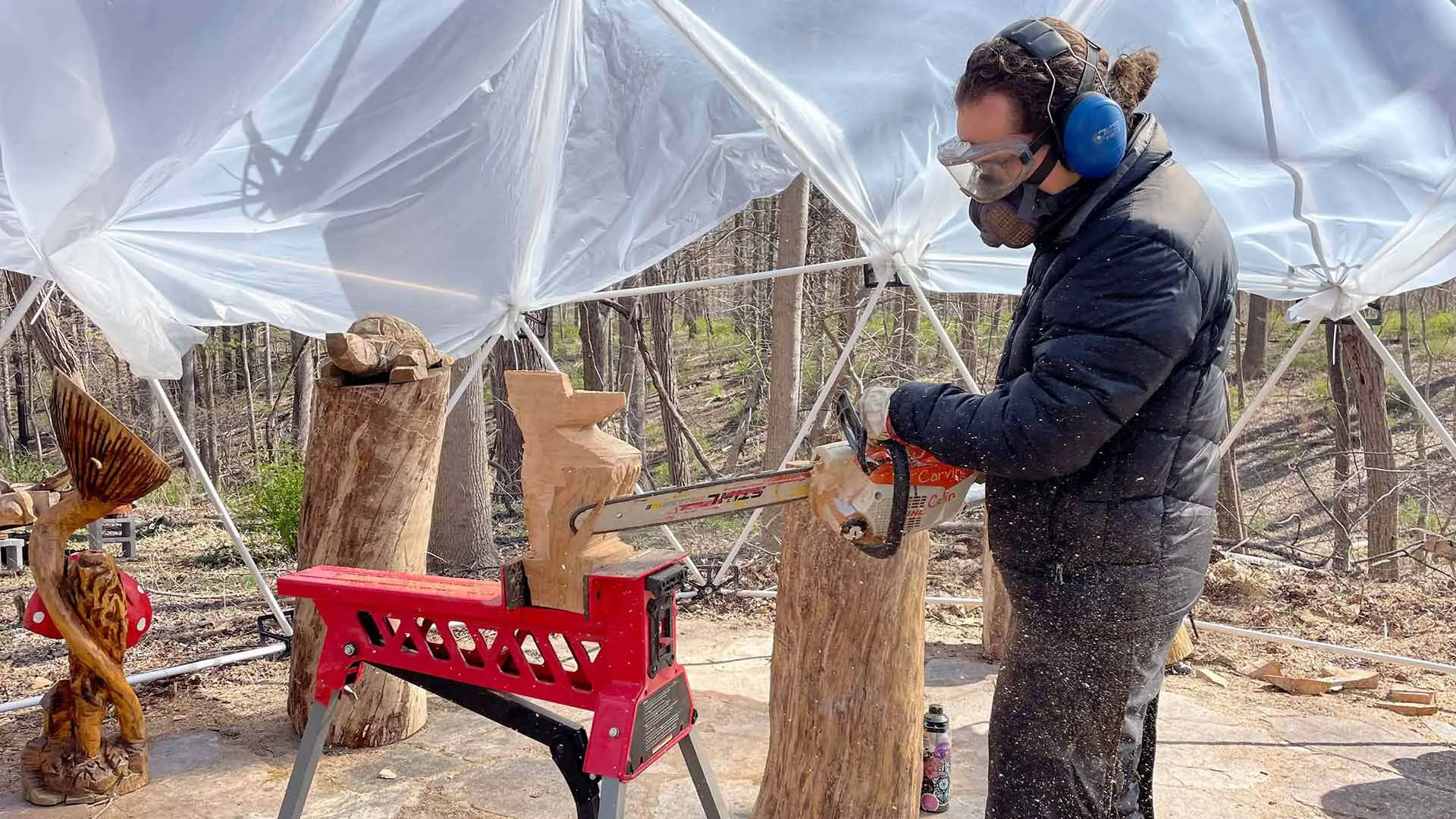Colin Vale '13 carves a woodpecker with a chainsaw. His giant wood sculptures can be seen across the D.C. metro area, from public parks to private backyards. Photo by Karen Shih '09.